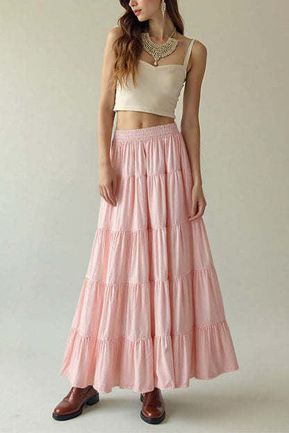 Moxidress Smocked Elastic Waist Ruffle Tiered Maxi Skirt