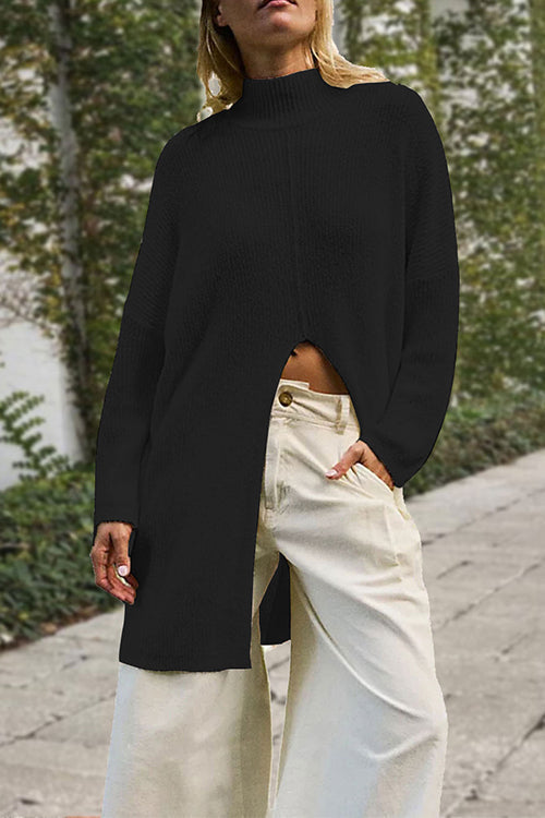 Moxidress Mockneck Drop Shoulder Slit Front Loose Sweater
