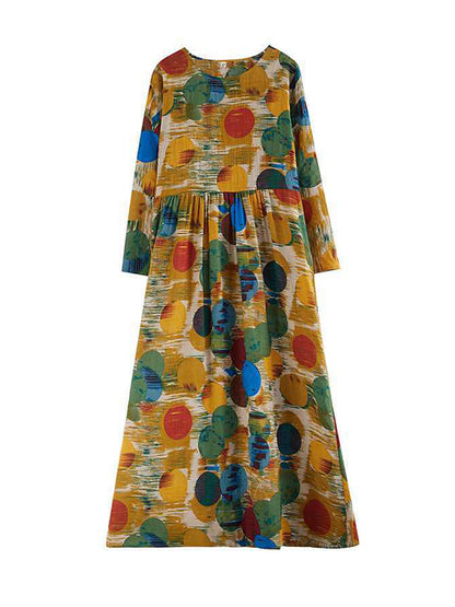 A-line Long Sleeves Pleated Polka-dot Split-joint Round-neck Maxi Dresses