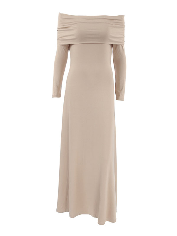 High Waisted Long Sleeves Color Off-the-shoulder Maxi Dresses