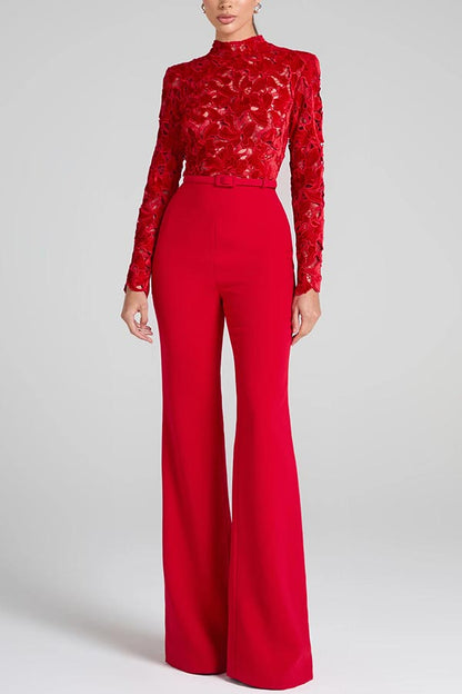 Eleanor Embroidered Lace Long Sleeve Patchwork Belt Flare Jumpsuit