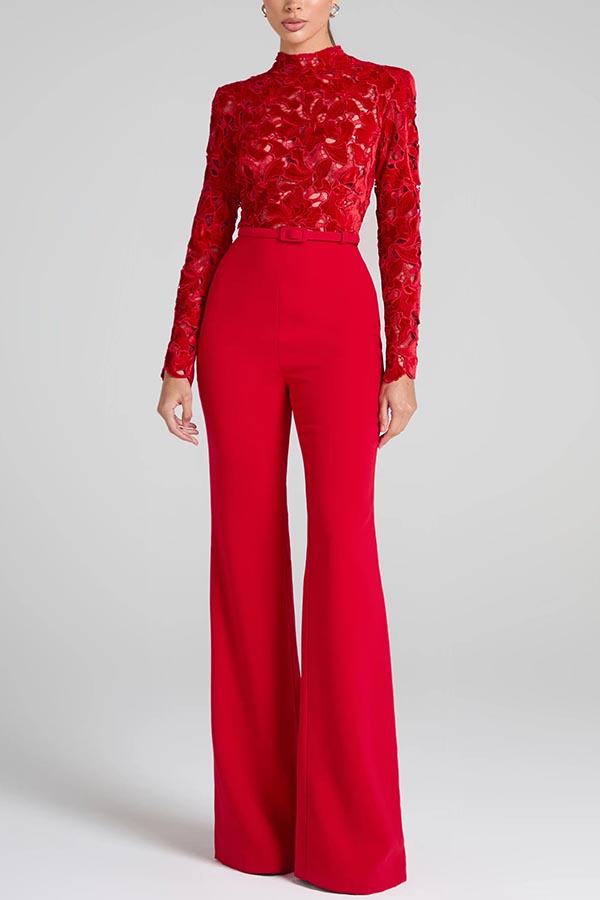 Eleanor Embroidered Lace Long Sleeve Patchwork Belt Flare Jumpsuit