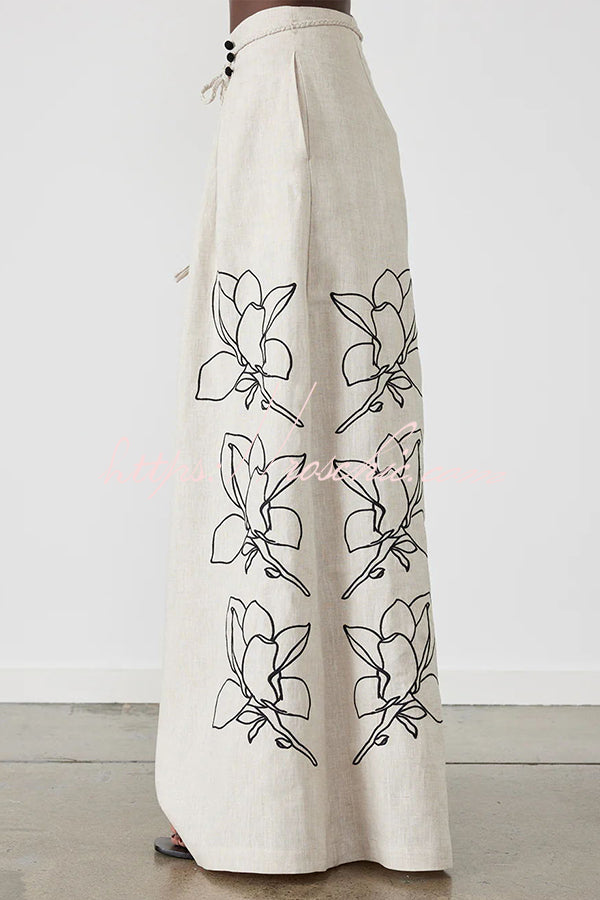 Elaina Linen Blend Print Button Pocketed Wide Leg Palazzo Pant