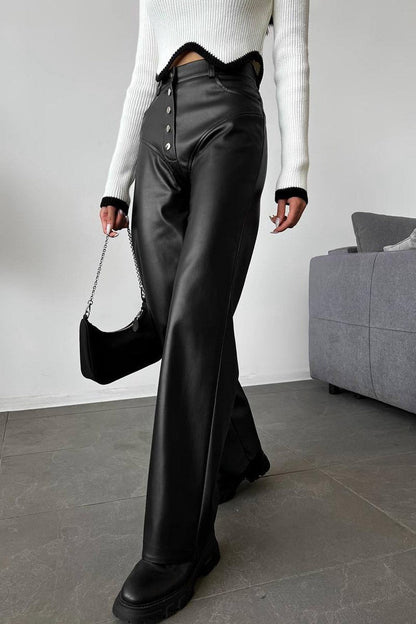 Leather Patchwork Slim Straight Pants