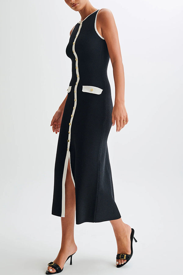Slim Fit Crew Neck Buttoned Sleeveless Knit Midi Dress