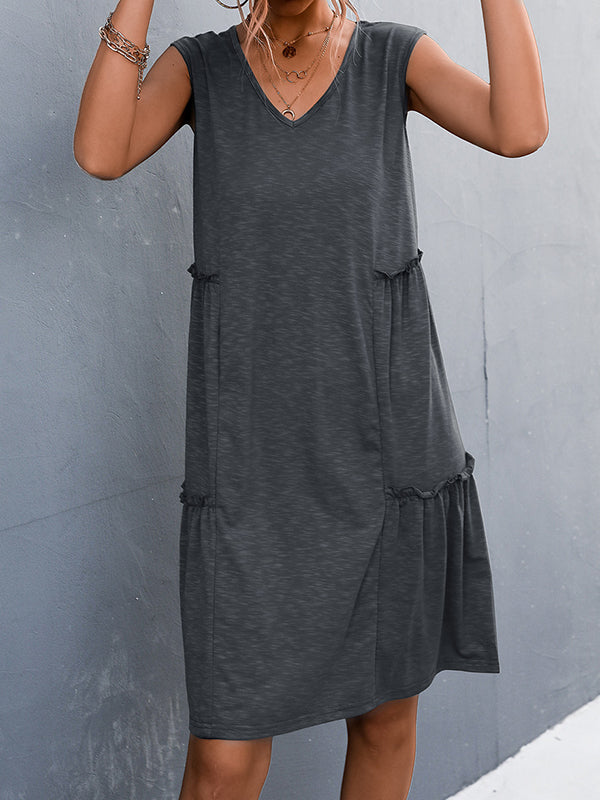 A-line Loose Pleated Color Split-joint V-neck Midi Dresses