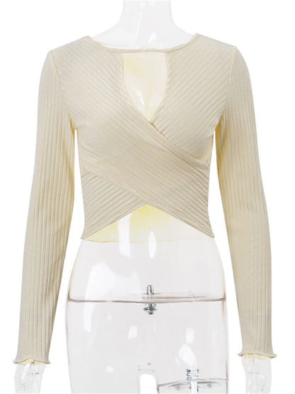 Knit Sweater Pullover V-neck Ribbed Long Sleeve Patchwork Hollow Out Cropped Top Slim Knitwear Top