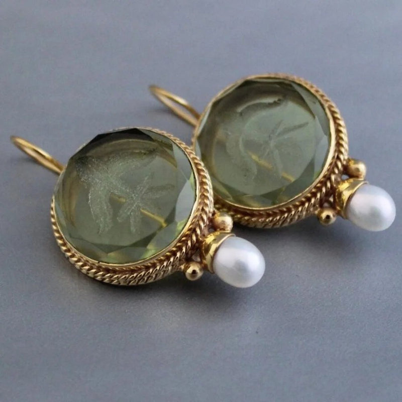 Vintage Prehnite Pearl Earrings