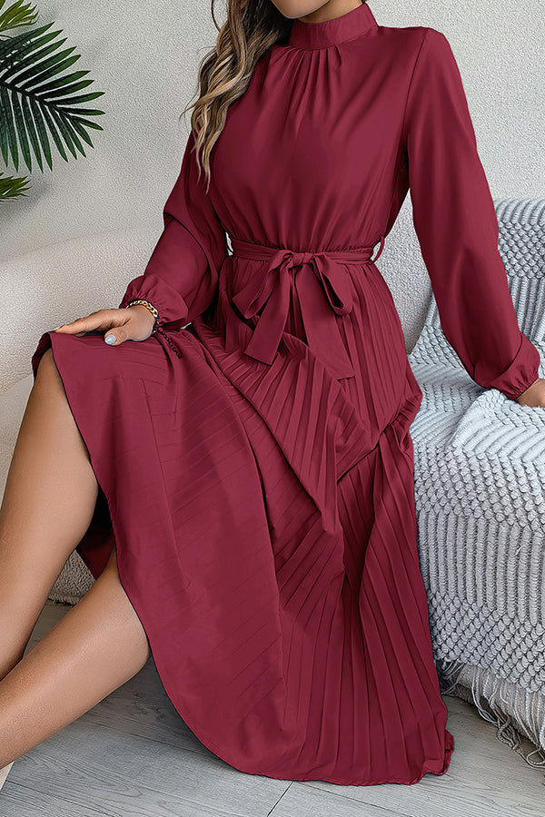 Stand-collar Long-sleeve Waisted Tie-up Pleated Midi Dress