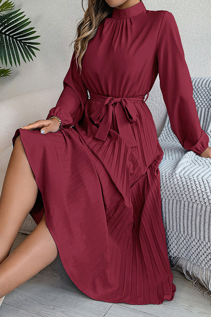 Stand-collar Long-sleeve Waisted Tie-up Pleated Midi Dress