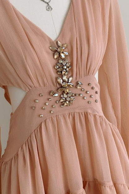 Deep V Cut Out Waist Rhinestone Chiffon Mini Dress