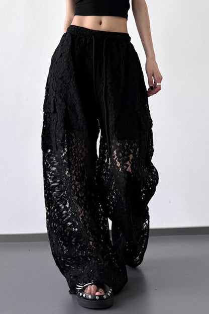 White Lace Cutout Wide Leg Pants