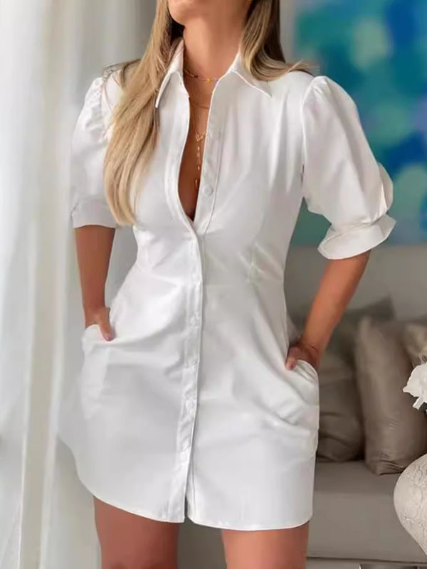 A-line Flared Sleeves Buttoned Pleated Pockets Color Split-joint Lapel Mini Dresses Shirt Dress