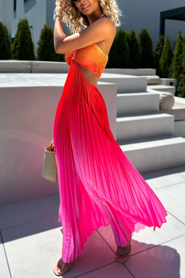 Get Ready Gradient Print Cutout Halterneck Pleated Maxi Dress
