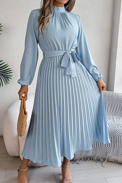 Stand-collar Long-sleeve Waisted Tie-up Pleated Midi Dress
