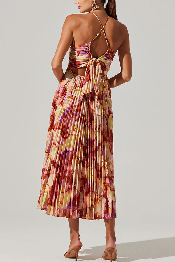 Wedding Party Season Print Pleated Back Tie-up Midi Dress