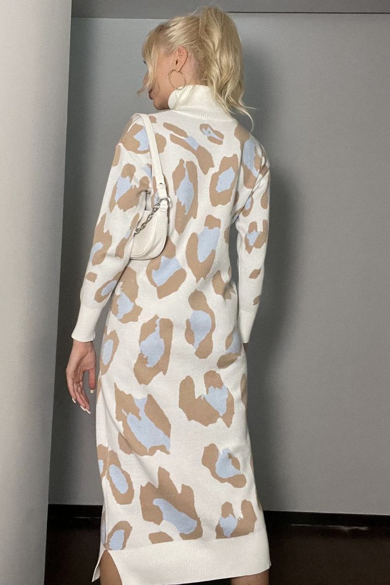 Leopard Print Turtleneck Sweater Dress