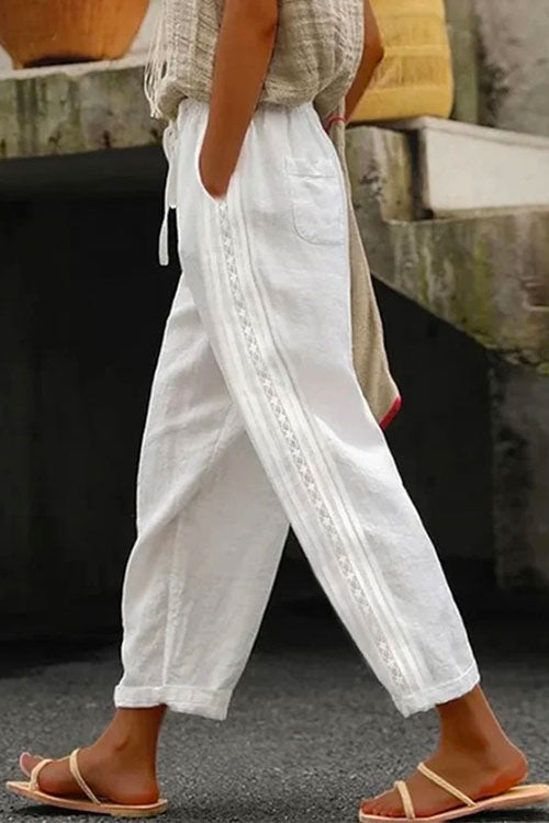 Drawstring Elastic Waist Cotton Linen Tapered Pants