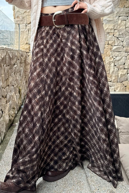 Plaid Earthy Tones High Waist Flowy Midi Skirt