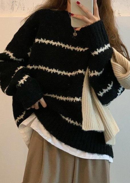 Oversized Cozy Knit Sweater - Long Sleeve Striped Knitwear