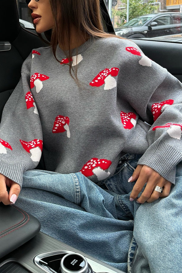 Mushroom Pattern Loose Round Neck Knitted Sweater
