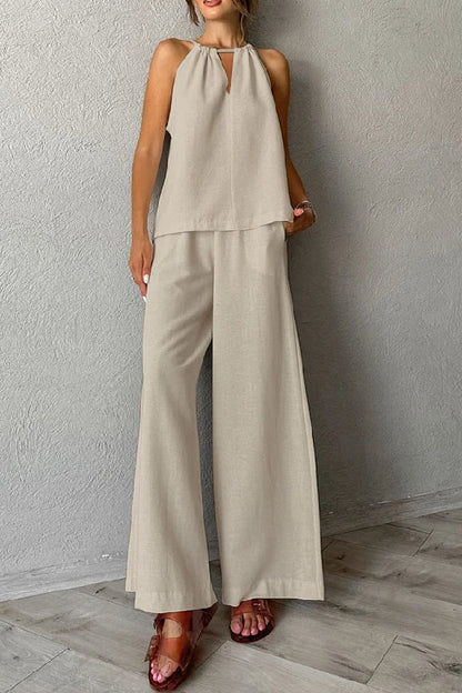 Cotton and Linen Cut-out Lace-up Vest & Wide-leg Pants Two-piece Set