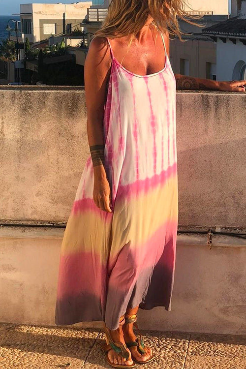 Moxidress Spaghetti Strap Sleeveless Tie Dye Maxi Dress