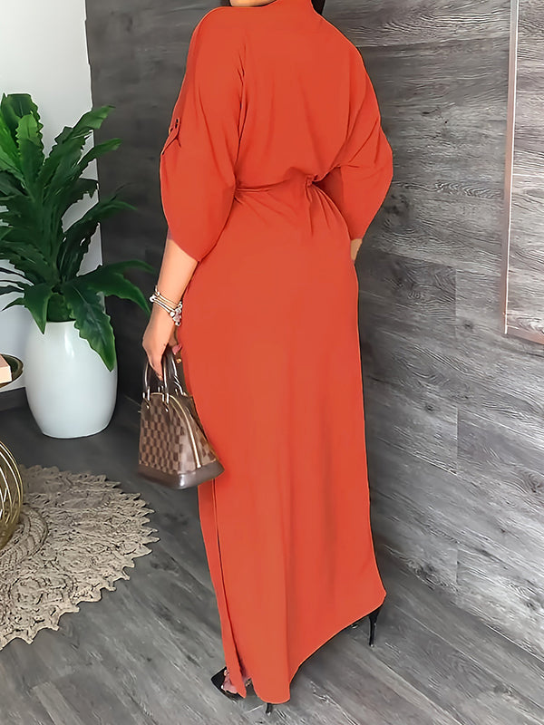 Loose Drawstring Color Split-side V-neck Maxi Dresses