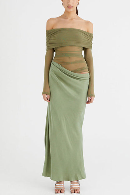 Moxidress Off Shoulder Mesh Patchwork Ruched Maxi Dress