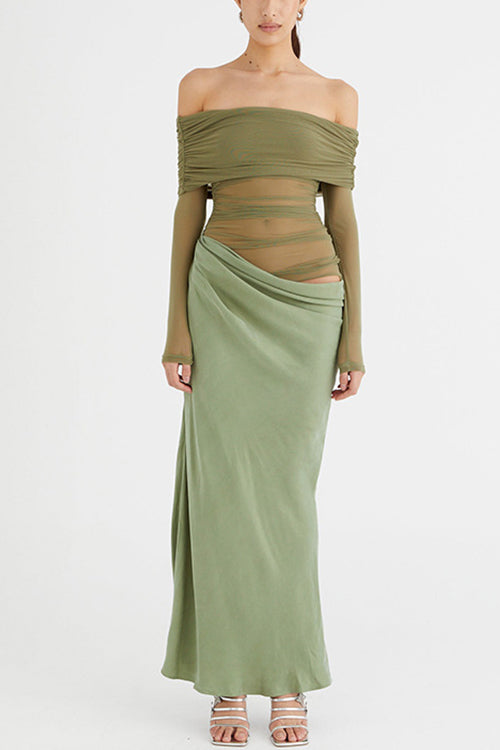 Moxidress Off Shoulder Long Sleeves Mesh Splice Maxi Dress