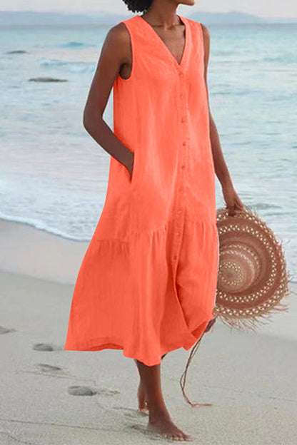 V Neck Sleeveless Beach Midi Dress(7 Colors)