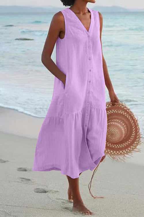 V Neck Sleeveless Beach Midi Dress(7 Colors)