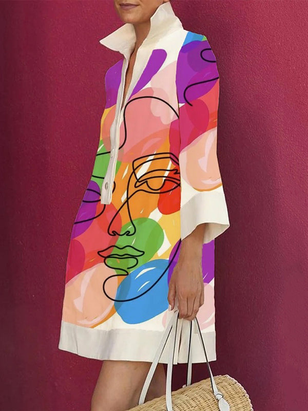 Loose Three-quarter Sleeves Buttoned Contrast Color Figure Printed Lapel Collar Mini Dresses