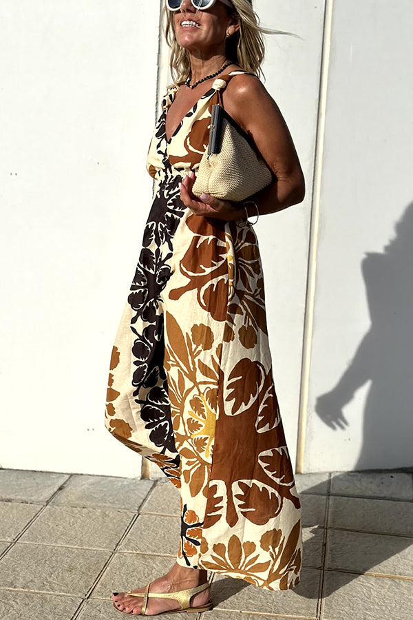 Jalen Linen Blend Print Knotted Strap Elastic Waist Midi Dress