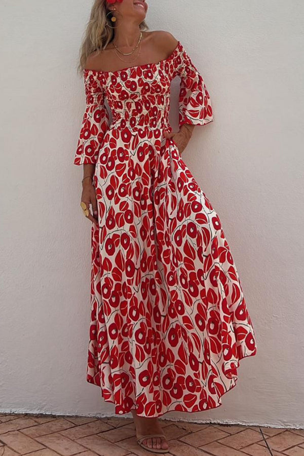 Vacation Style Fashionable Print Pleated One Shoulder Design Pocket Long Dress