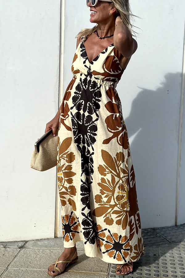 Jalen Linen Blend Print Knotted Strap Elastic Waist Midi Dress