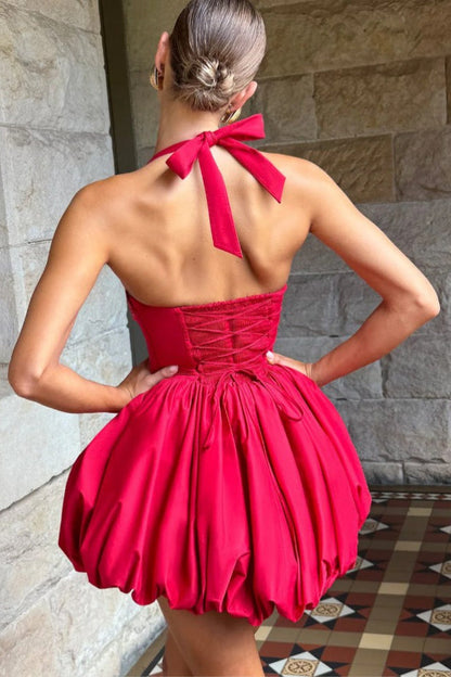 Halter Tie Bow Puffy Hem Mini Dress