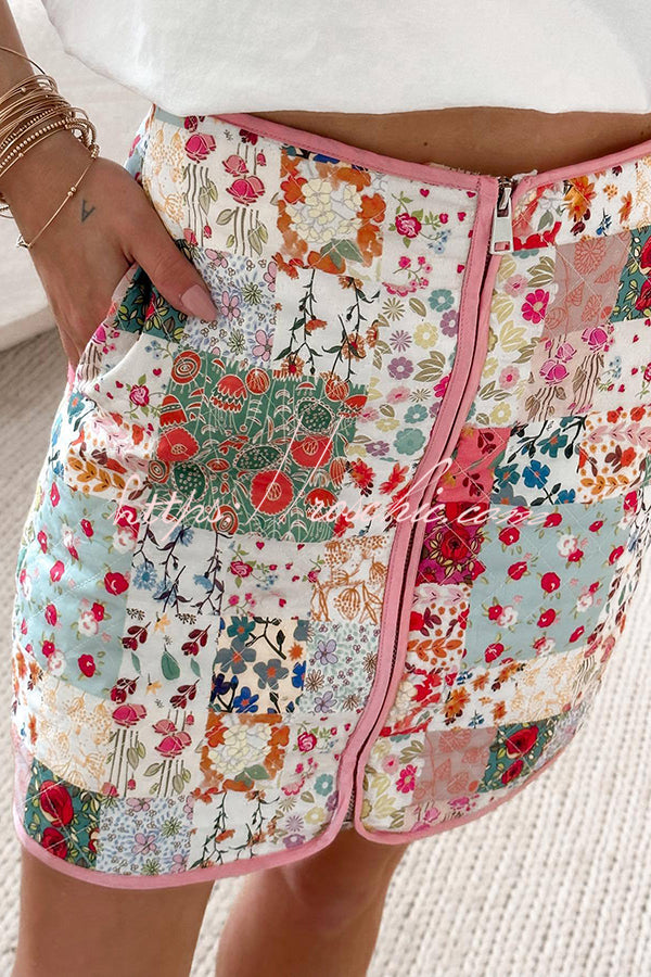 Patchwork Flower Print Front Zipper Pocketed Quilted Knit Mini Skirt