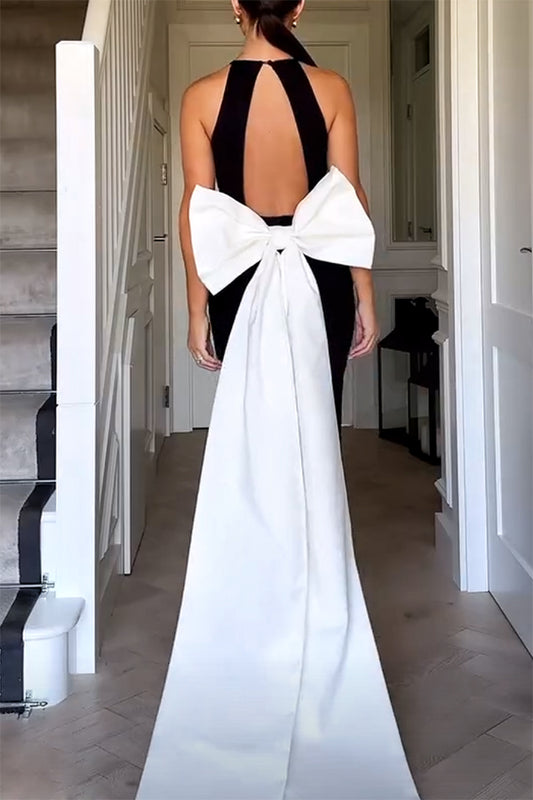 Statement Racer Neck Back Oversized Bow Hem Backless Maxi Dress