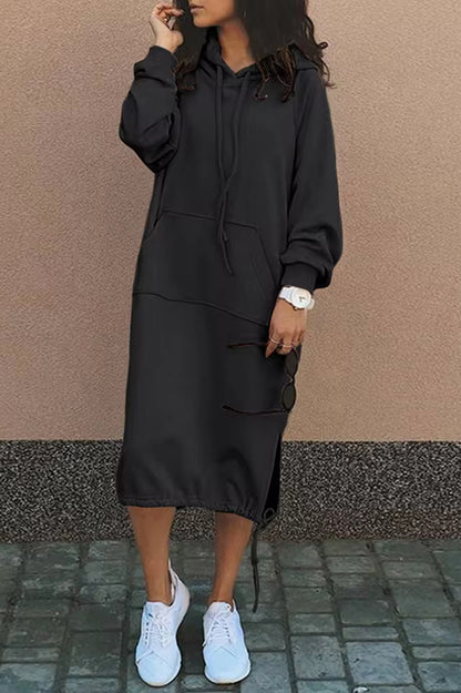 Color Hooded Lace-up Pocket Sweatshirt Style Midi Dress