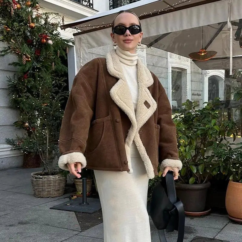 Lamb Woolen Spliced Warm Coat for Side Buttons Lapel Full Sleeve Jackets Lady Autumn Winter Thick Outwear