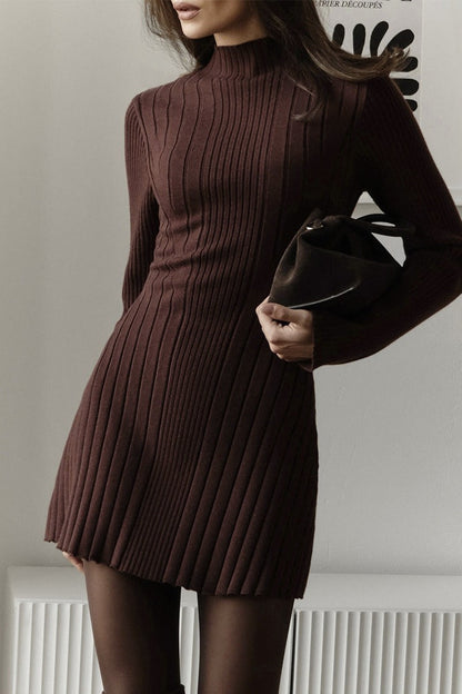 Playful Knit Mock Neck Long Sleeve a Line Mini Dress