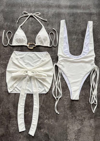 White Sands - 3-in-1 Cut-out Swimsuit Set With Wrap Skirt