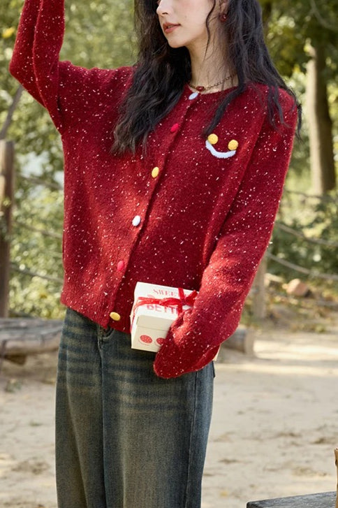 Smile Embroidery Wool Cardigan