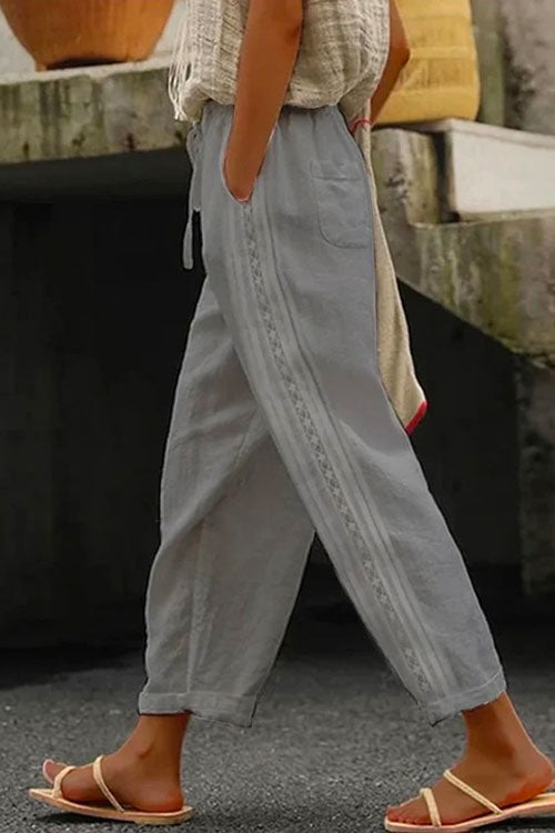 Drawstring Elastic Waist Cotton Linen Tapered Pants