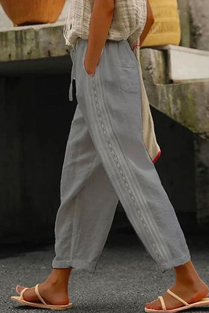 Drawstring Elastic Waist Cotton Linen Tapered Pants