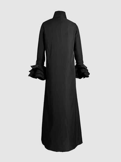 A-line Flared Sleeves Buttoned Color Split-joint Split-side Lapel Maxi Dresses
