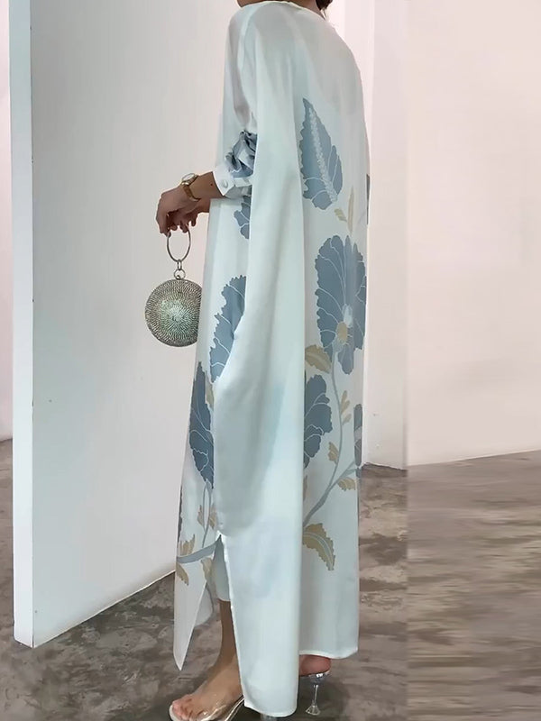 Long Sleeves Buttoned Contrast Color Flower&leaves Print Muslim V-neck Maxi Dress