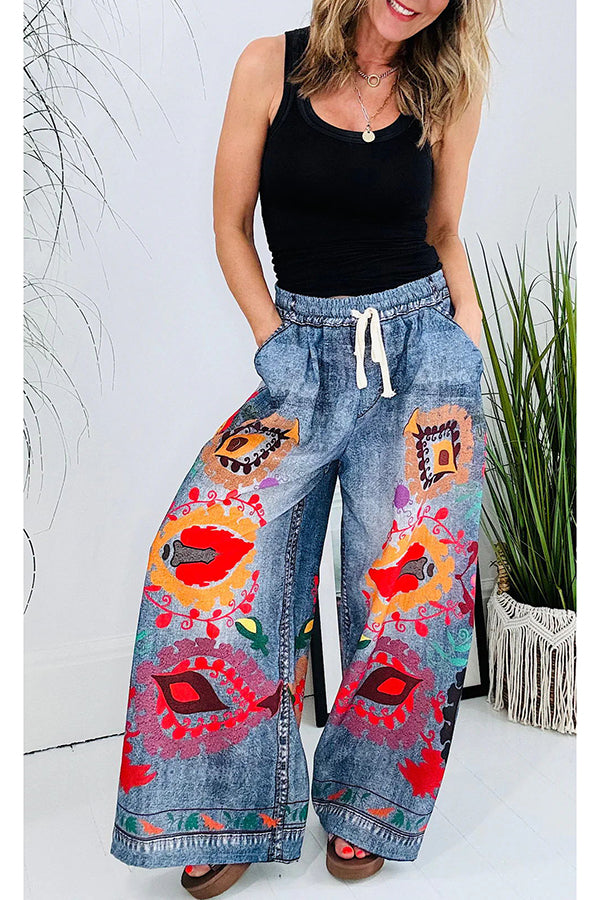 Hippie Style Unique Denim Print Elastic Waist Pocketed Wide Leg Pants