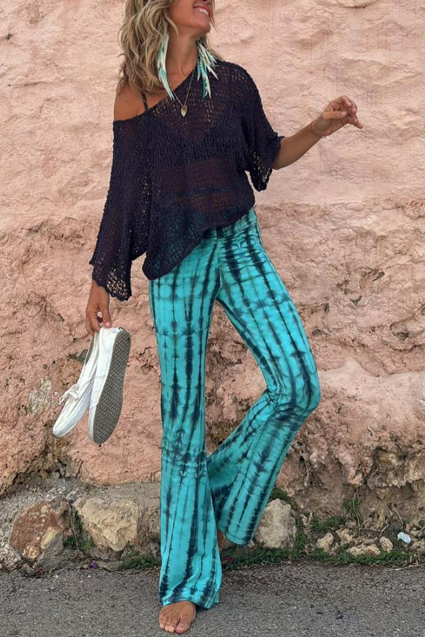Fashionable Tie Dye Printed Pleated Lace Up Waist Elastic Street Bell Bottom Pants